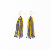 Game Day Tassel Seed Bead Earrings Yellow + Blue Fringe