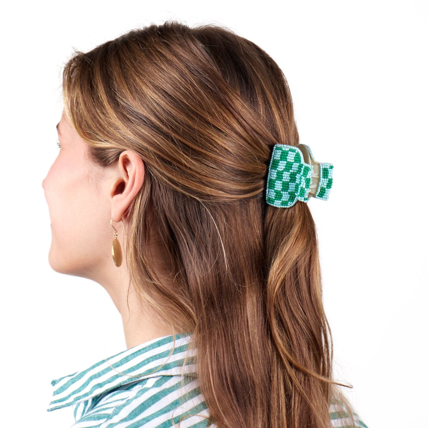 Gia Petite Multi-Color Checked Claw Kelly Green + Light Blue Check Claw