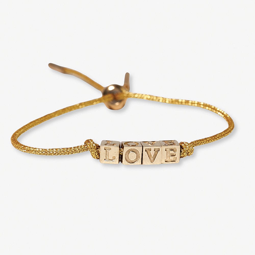 Goldie Gold Lurex Cord With Brass Letters Adjustable Love Bracelet