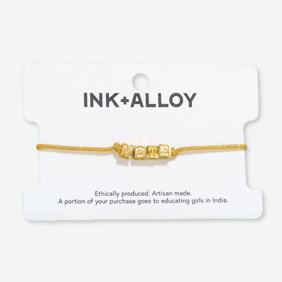 Goldie Gold Lurex Cord With Brass Letters Adjustable VOTE Bracelet