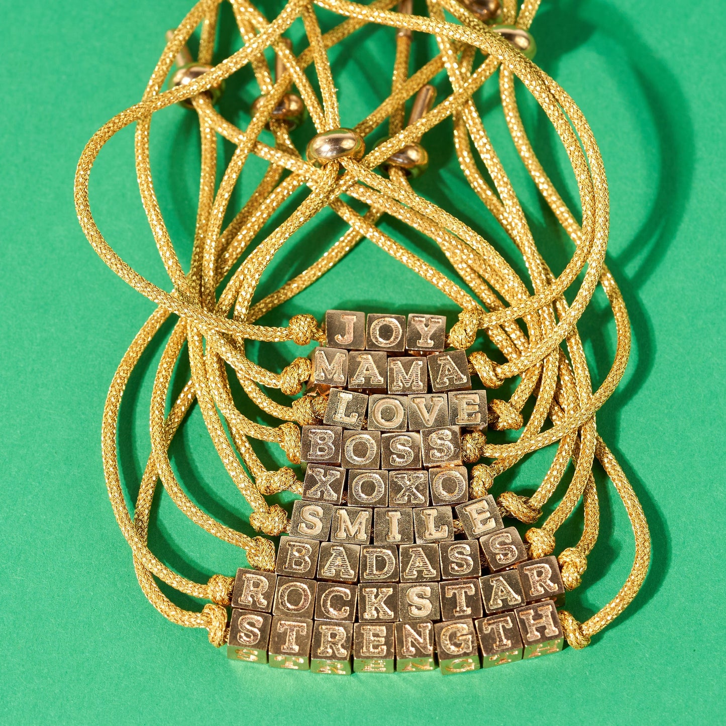 Goldie Gold Lurex Cord With Brass Letters Adjustable Xoxo Bracelet