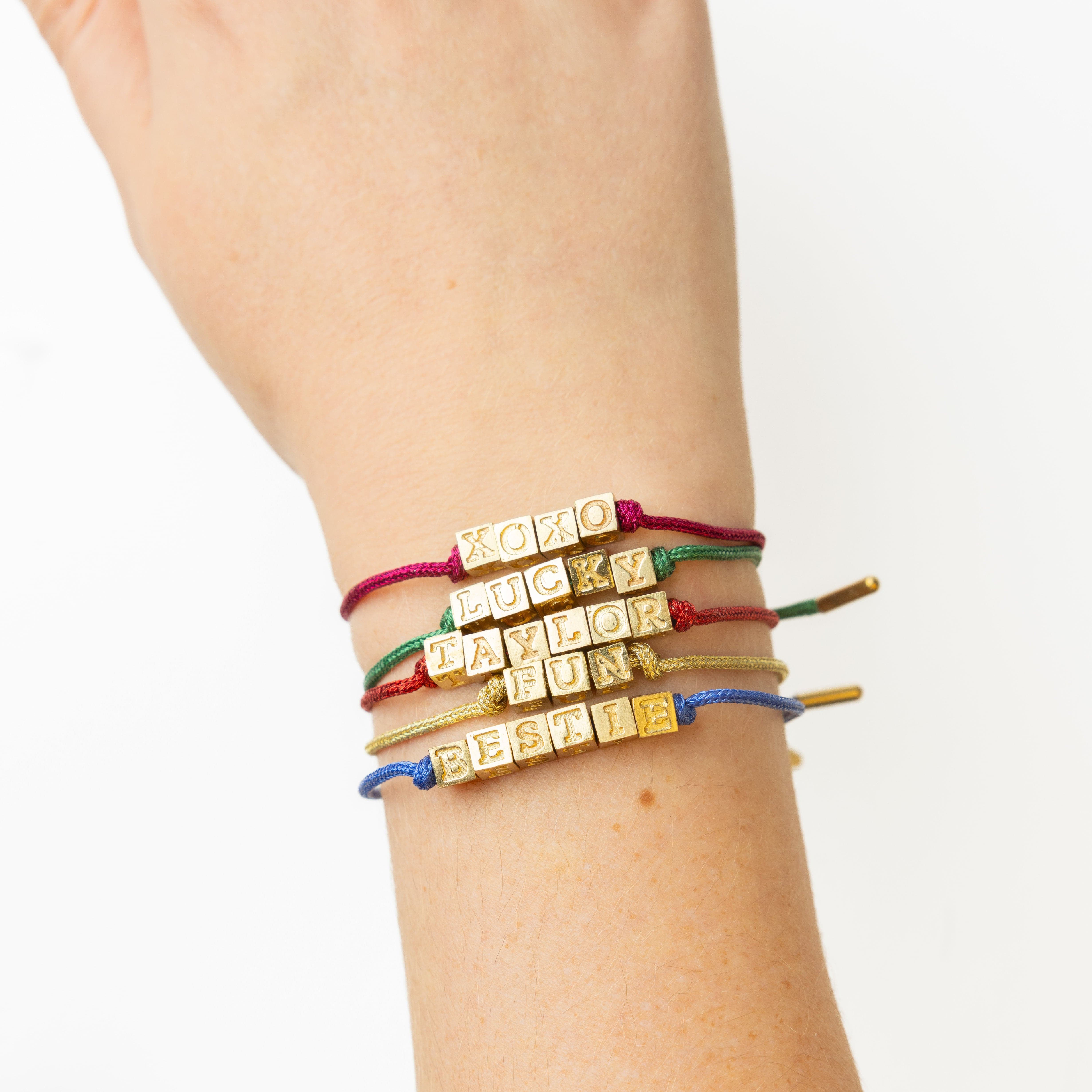 Goldie Gold Lurex Cord With Brass Letters Adjustable Xoxo Bracelet