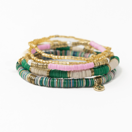 Grace Bracelet Stack of 5- Green and Pink Stack