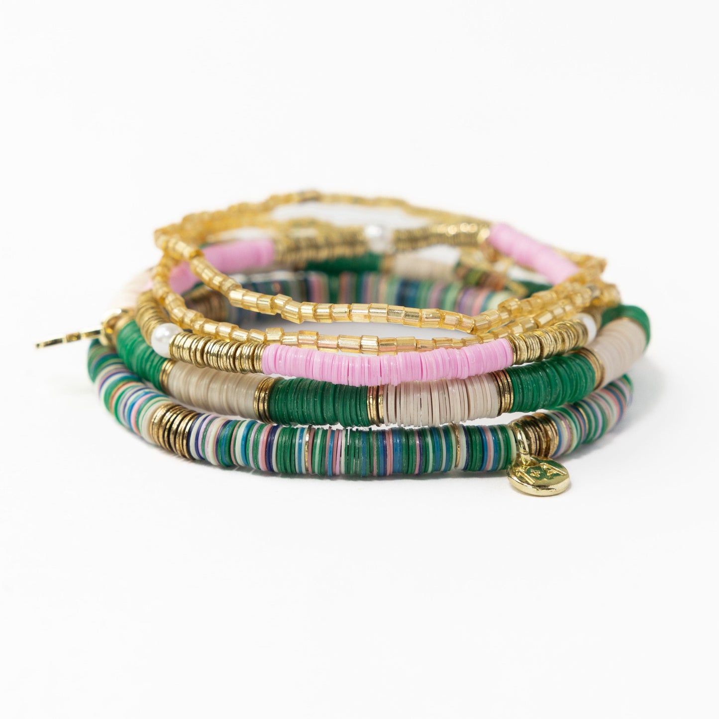 Grace Bracelet Stack of 5- Green and Pink Bracelet