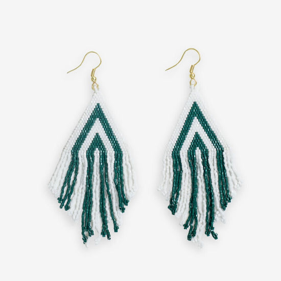 Haley Game Day Stacked Triangle Beaded Fringe Earrings Dark Green and White
