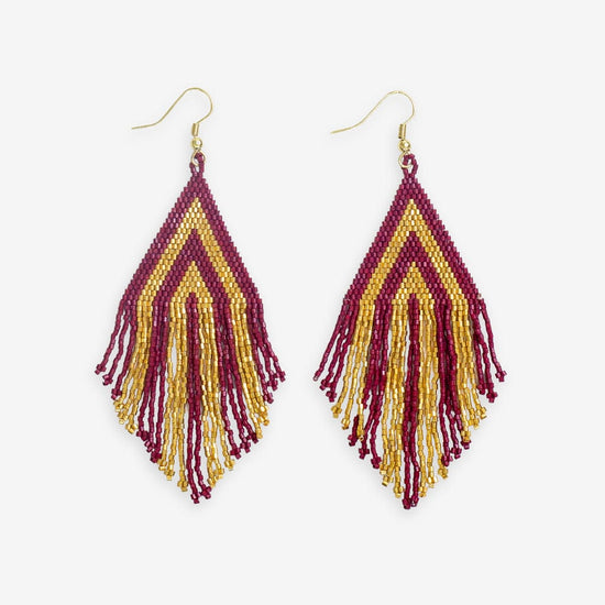 Haley Game Day Stacked Triangle Beaded Fringe Earrings Dark Red and Gold