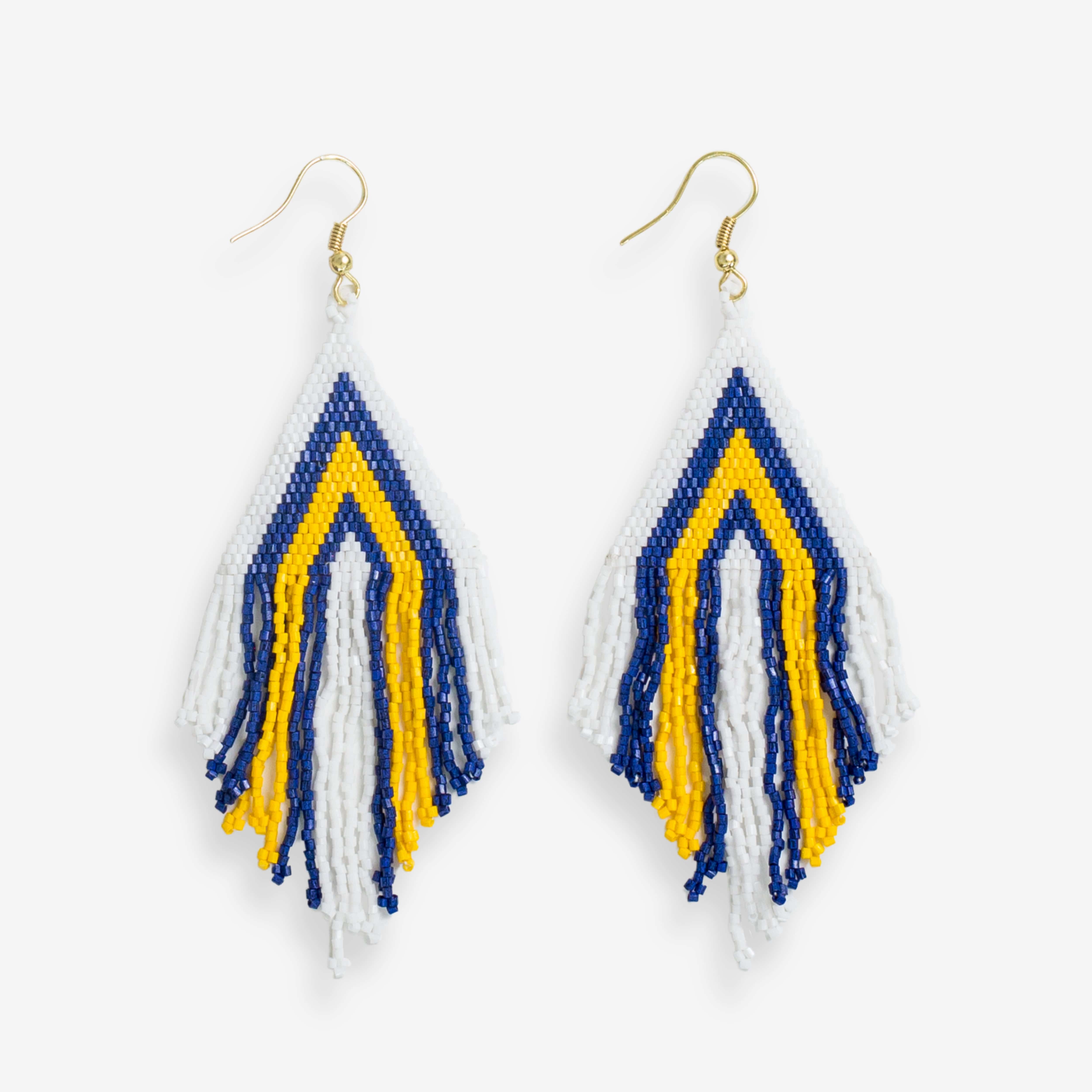 Haley Game Day Stacked Triangle Beaded Fringe Earrings Navy and Yellow