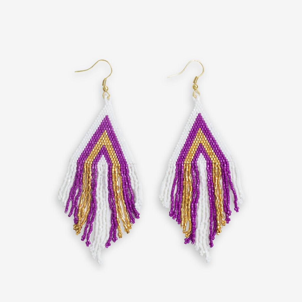 Haley Game Day Stacked Triangle Beaded Fringe Earrings Purple and Gold