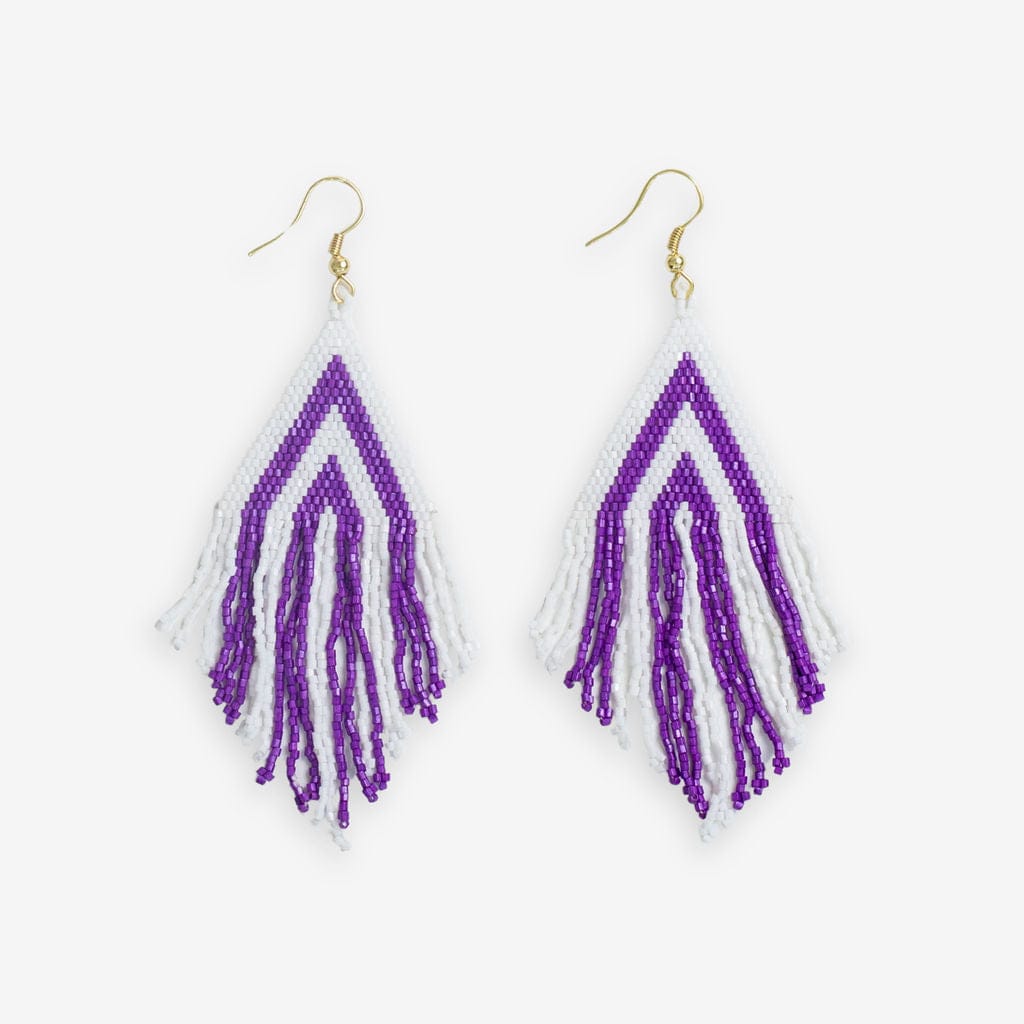 Haley Game Day Stacked Triangle Beaded Fringe Earrings Purple and White