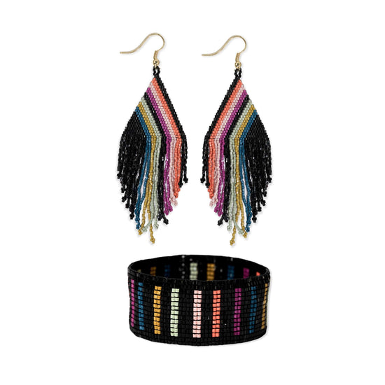 Haley + Kenzie vertical falling lines beaded earrings and bracelet set Rainbow/Black