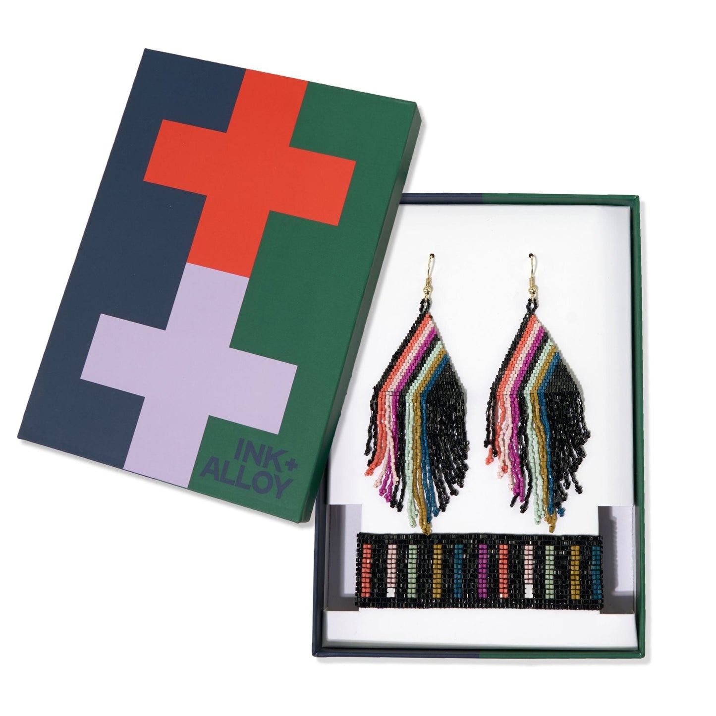 Load image into Gallery viewer, Haley + Kenzie vertical falling lines beaded earrings and bracelet set Rainbow/Black

