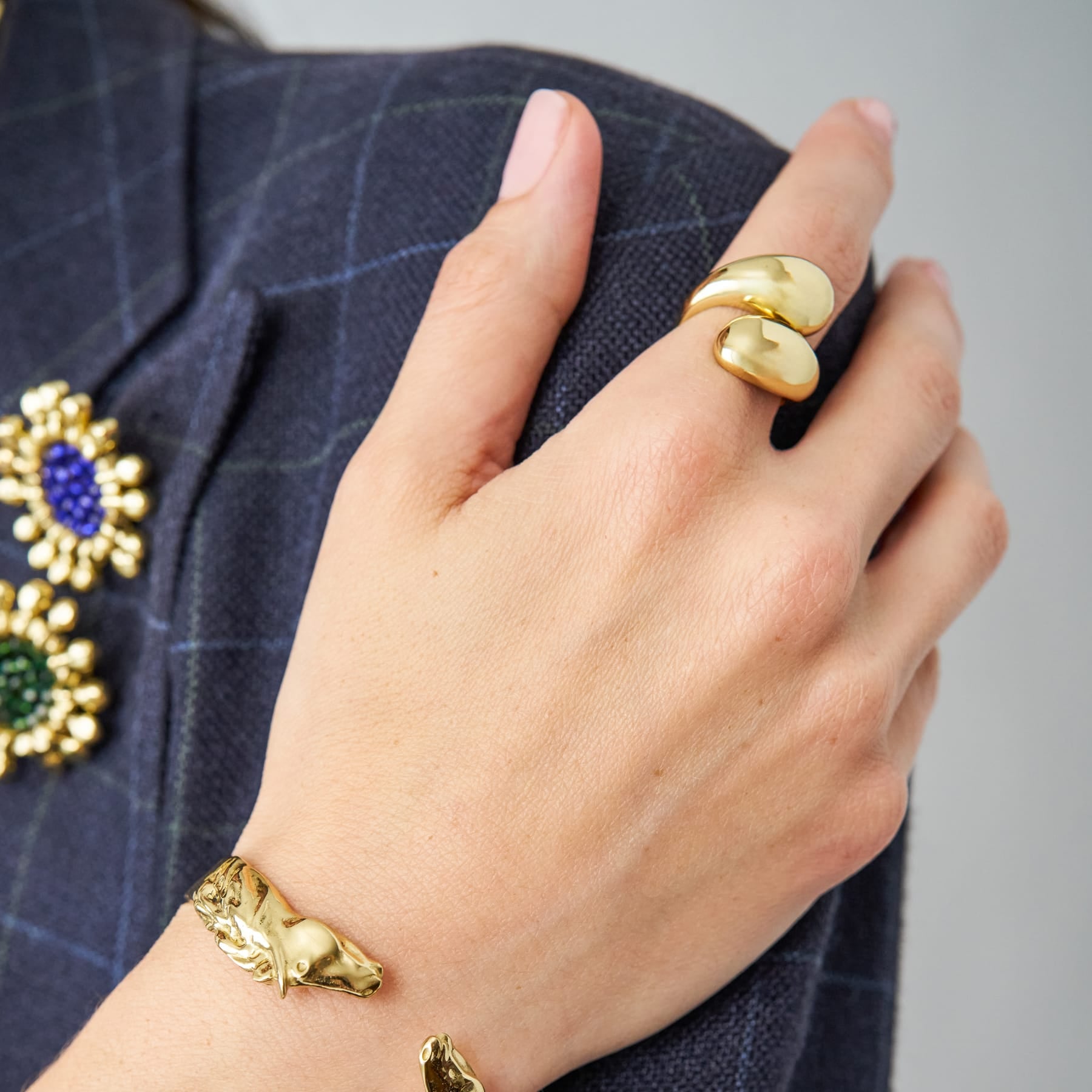 Halle Open Wrap Double Orb Adjustable Ring Brass Ring