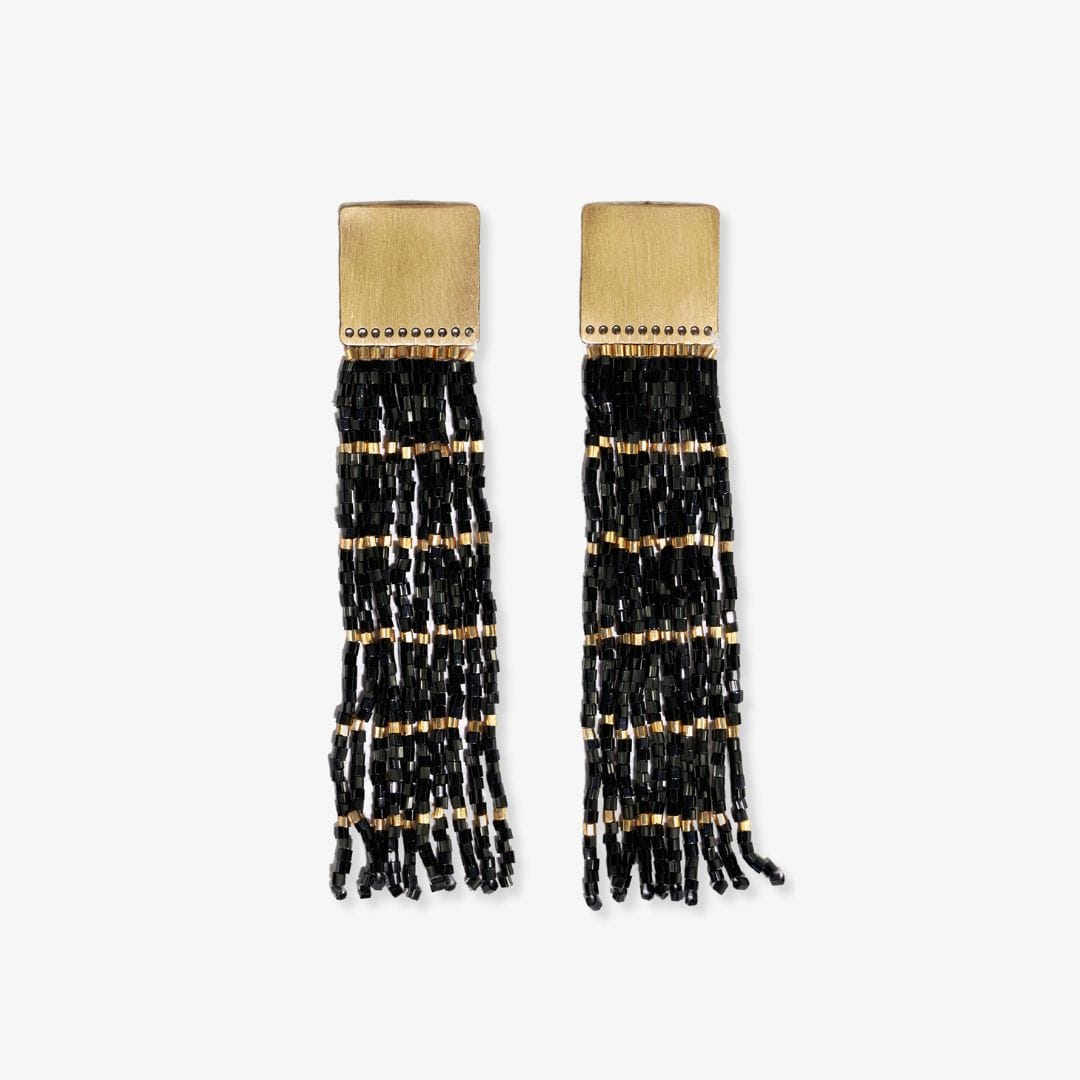 Harlow Brass Top Solid With Gold Stripe Beaded Fringe Earrings Black Fringe Earrings