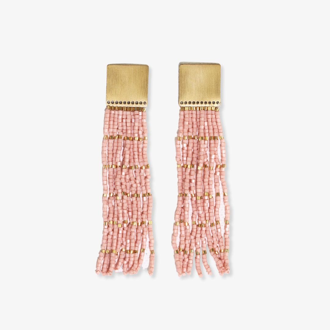 Harlow Brass Top Solid With Gold Stripe Beaded Fringe Earrings Blush Fringe Earrings