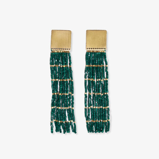 Harlow Brass Top Solid With Gold Stripe Beaded Fringe Earrings Emerald Fringe Earrings