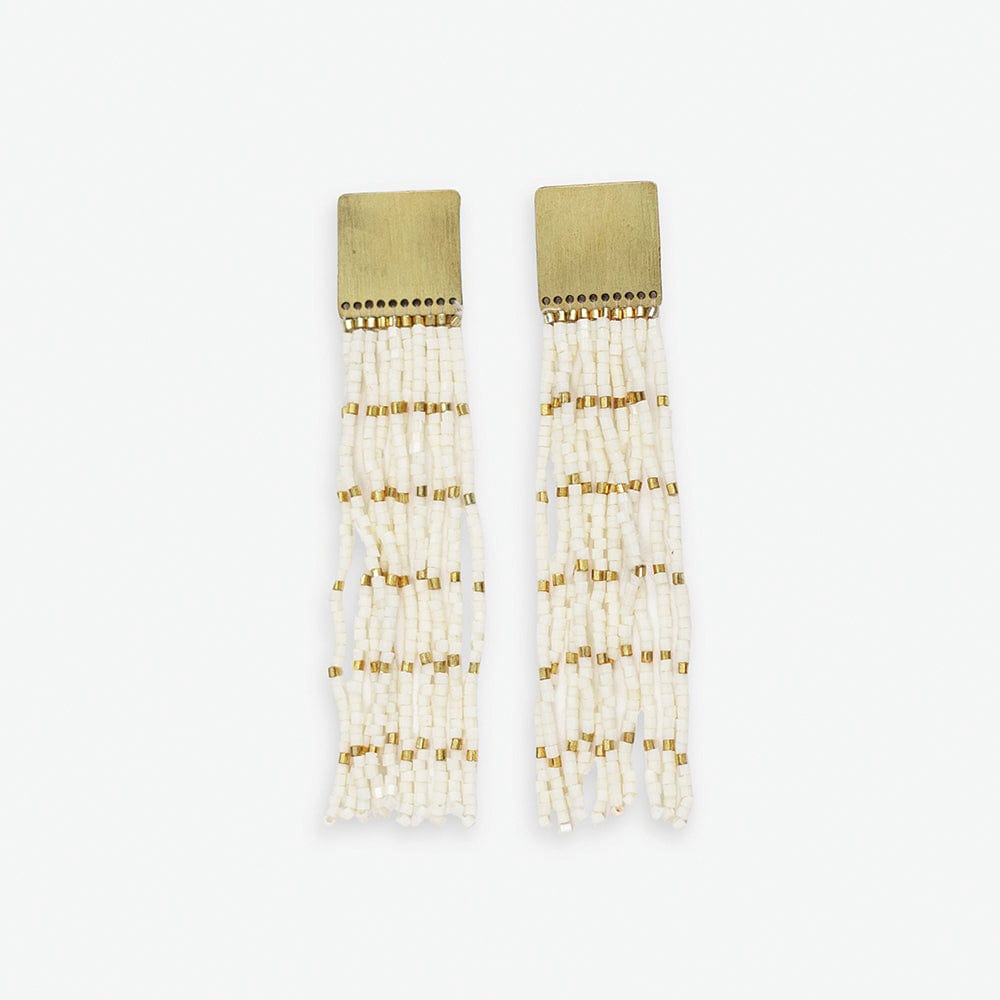 Harlow Brass Top Solid With Gold Stripe Beaded Fringe Earrings Ivory SHORT FRINGE