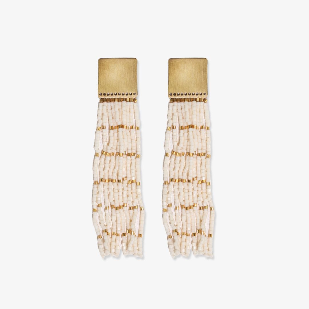 Harlow Brass Top Solid With Gold Stripe Beaded Fringe Earrings Ivory Fringe Earrings