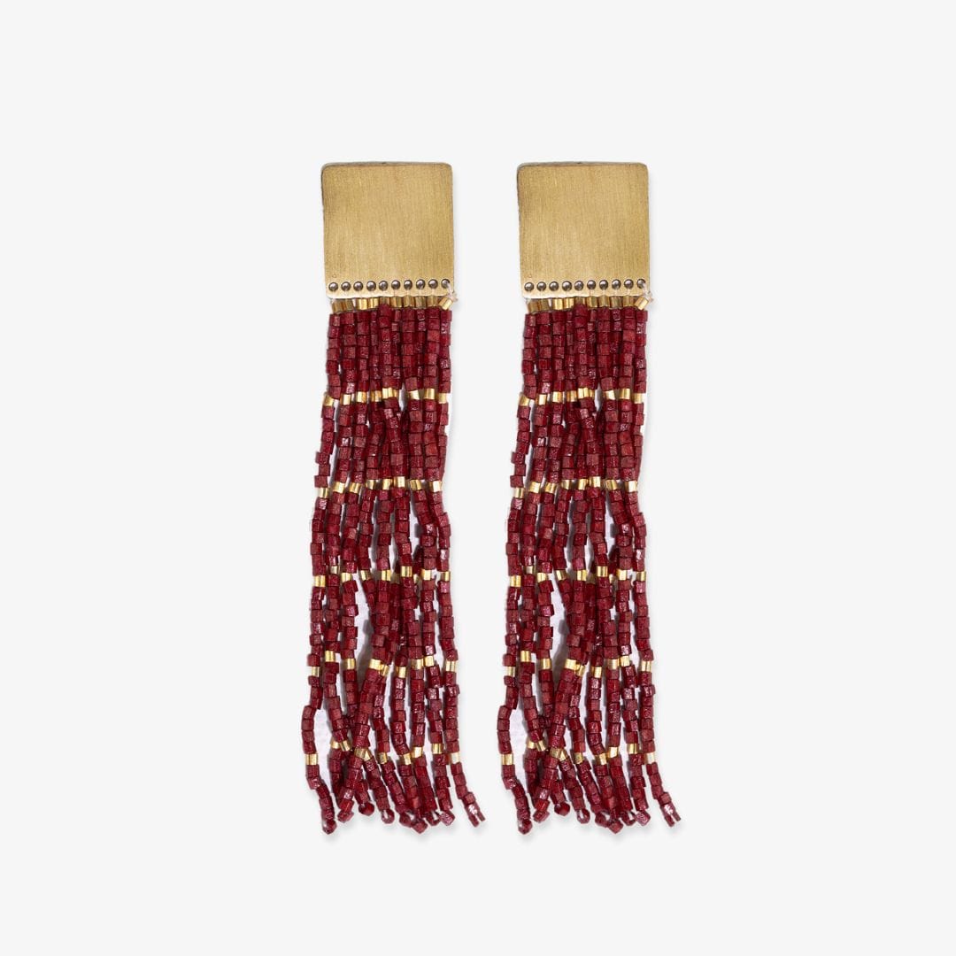 Harlow Brass Top Solid With Gold Stripe Beaded Fringe Earrings Maroon Fringe Earrings