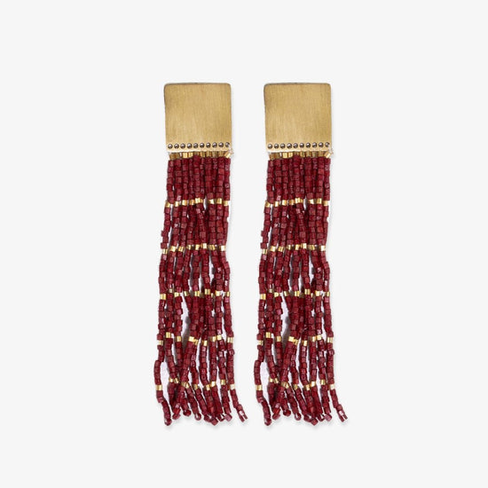 Harlow Brass Top Solid With Gold Stripe Beaded Fringe Earrings Maroon Fringe Earrings