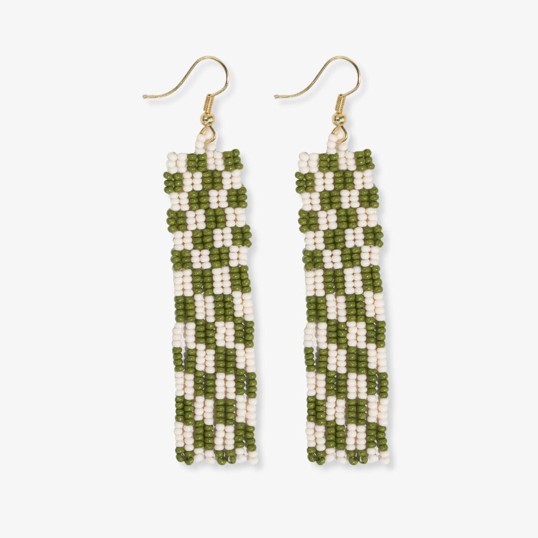 Harriet Woven Top Gingham Beaded Fringe Earrings Avocado Fringe Earrings