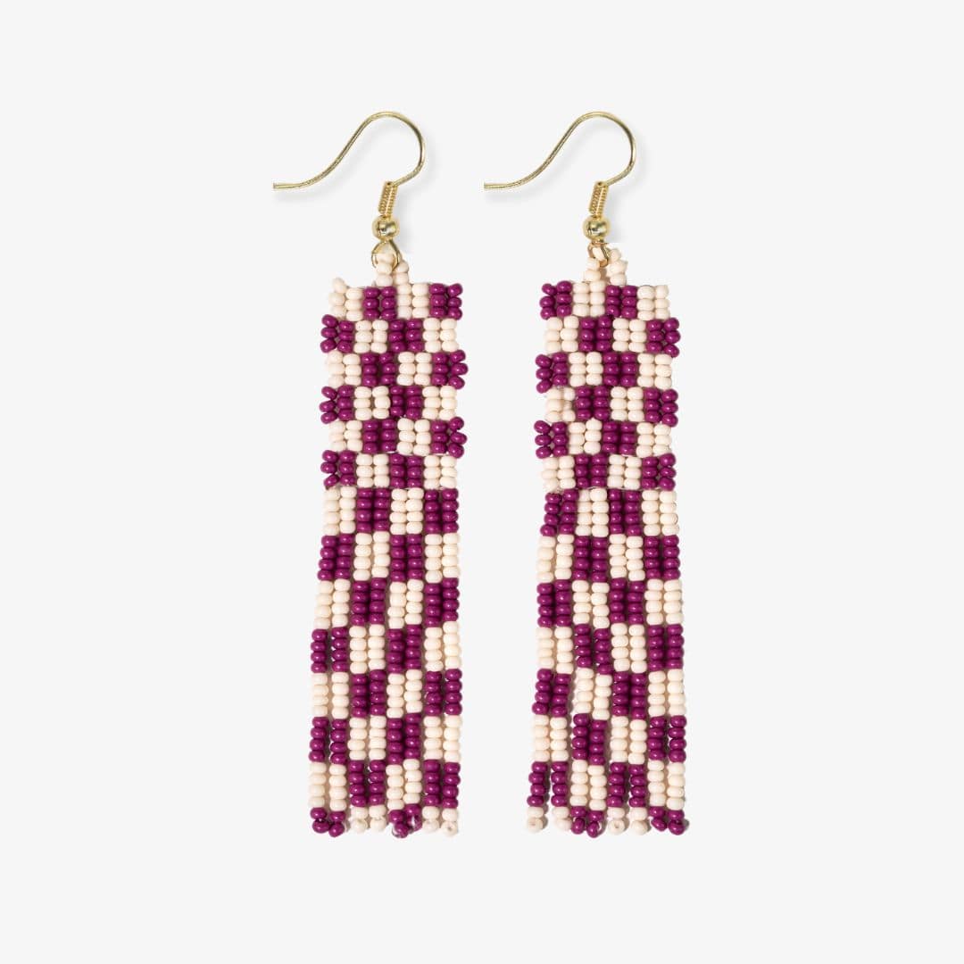 Harriet Woven Top Gingham Beaded Fringe Earrings Magenta Fringe Earrings