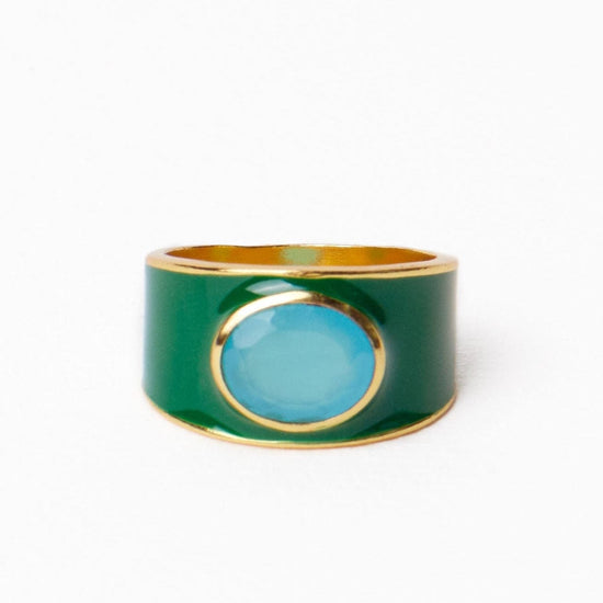 Hazel Oval Stone With Enamel Band Ring Green/Light Blue- Size 7 RING