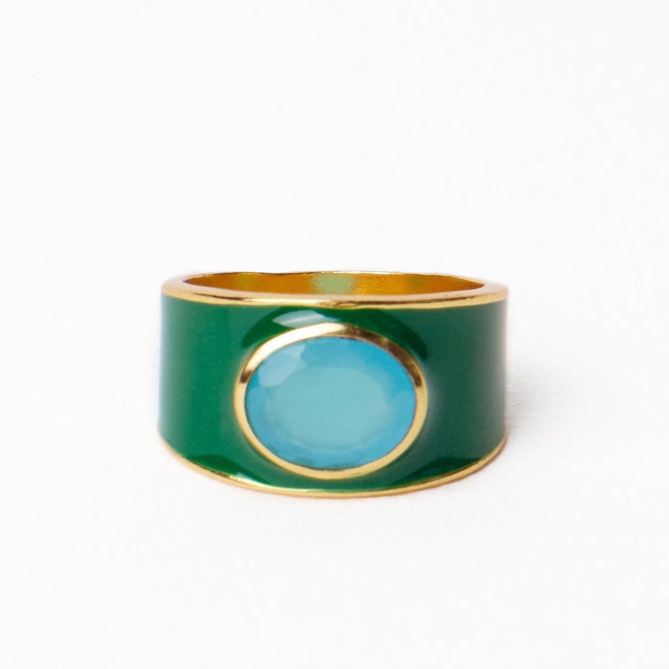 Hazel Oval Stone With Enamel Band Ring Green/Light Blue- Size 8 RING