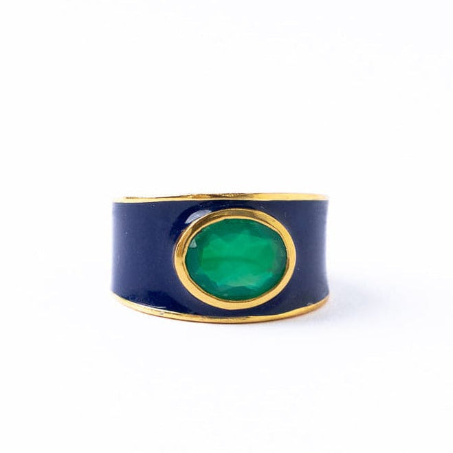 Hazel Oval Stone With Enamel Band Ring Navy + Green Size 7 Ring