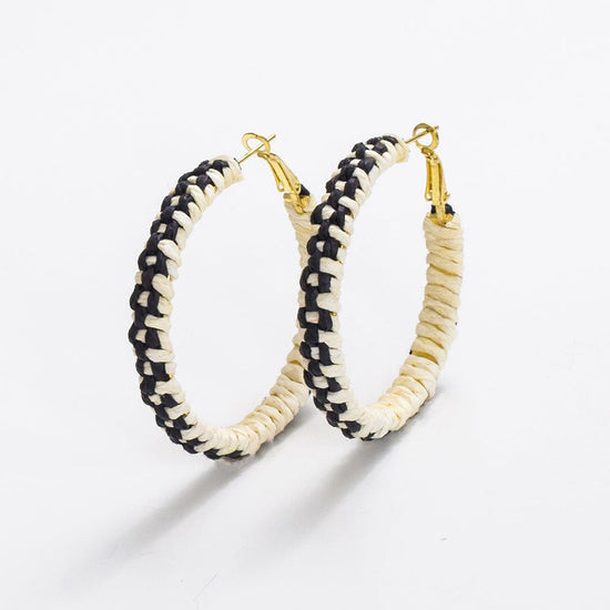Holly Two-Color Woven Raffia Hoops Ivory/Black