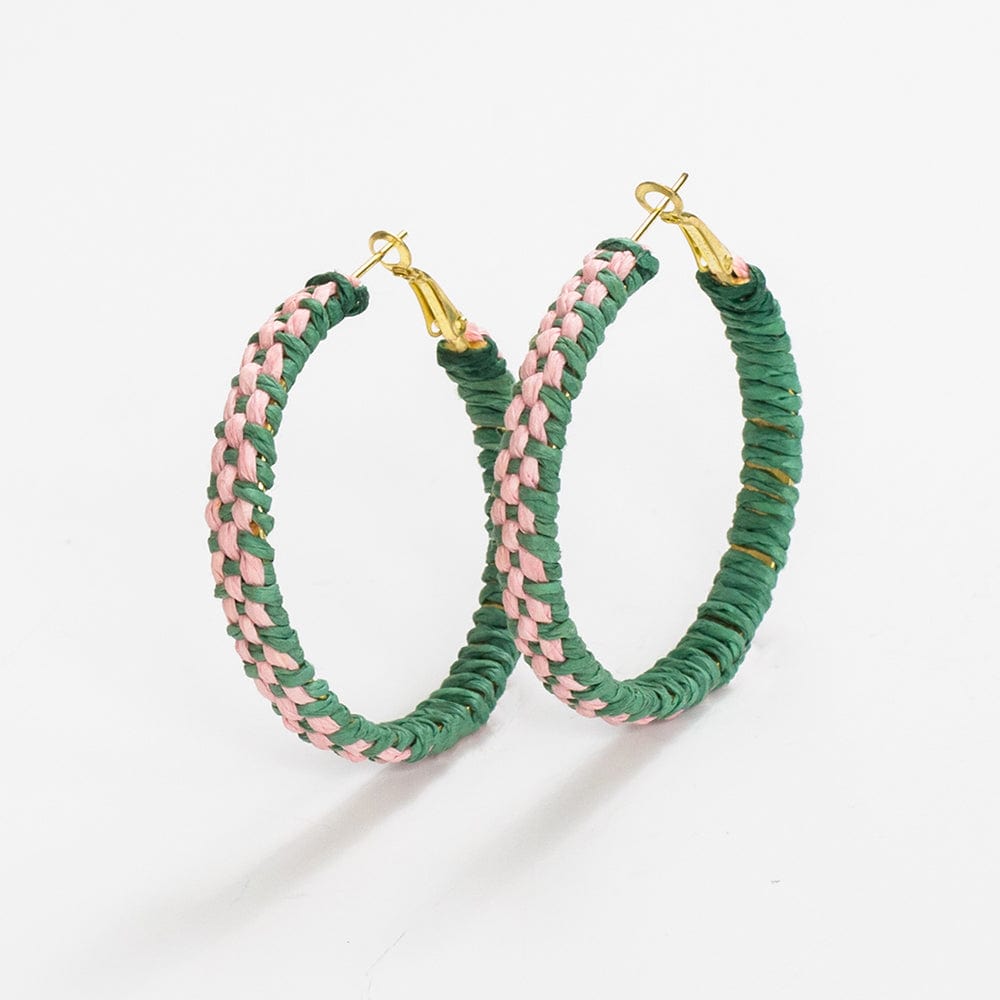 Holly Two-Color Woven Raffia Hoops Kelly Green/Pink