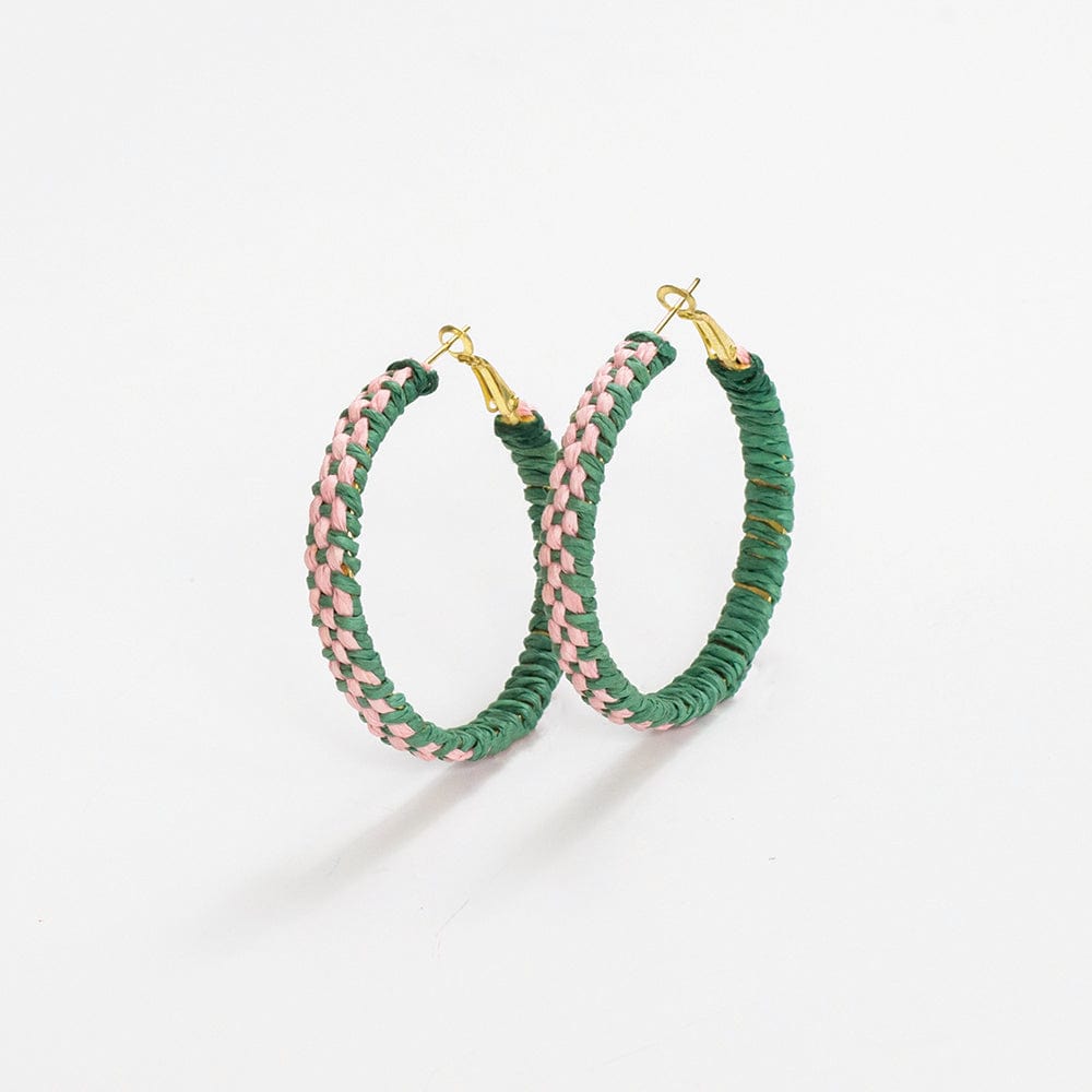 Holly Two-Color Woven Raffia Hoops Kelly Green/Pink