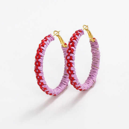 Load image into Gallery viewer, Holly Two-Color Woven Raffia Hoops Light Lavender/Poppy
