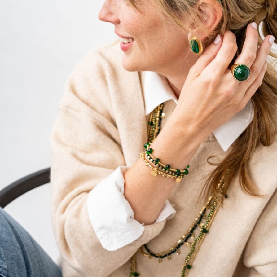 Hope Brass Stretch Bracelet With Glass Beads Green Stretch