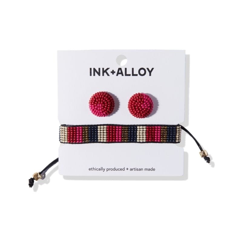 Load image into Gallery viewer, Hot Pink Red Carded Set Post Earrings And Stripe Friendship Bracelet gift set
