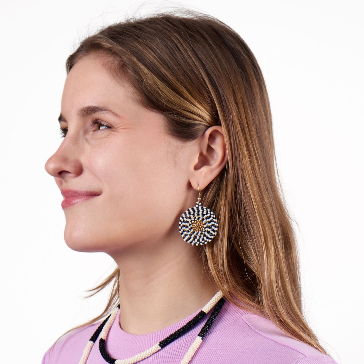 Ilene Round Beaded Dangle Earrings Black + White Dangle