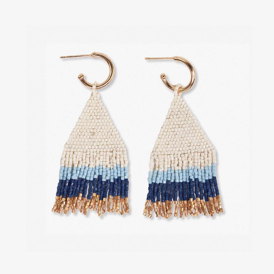 James Mini Gold Hoop Colorblock Beaded Fringe Earrings Navy Fringe Earrings