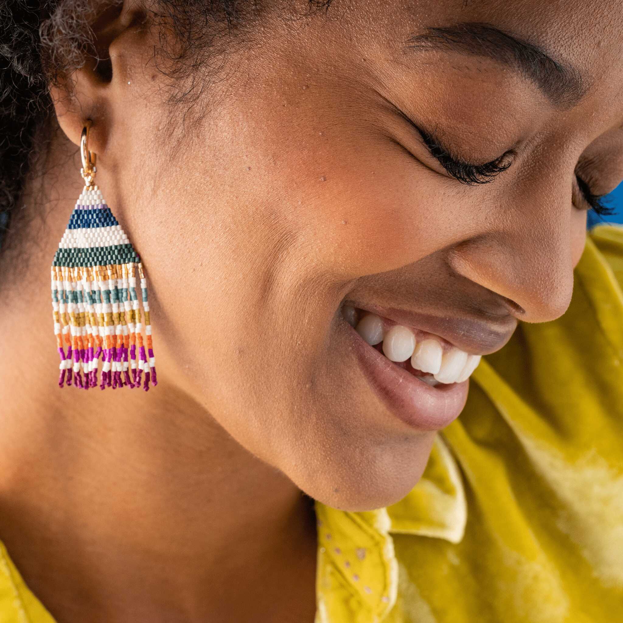 James Mini Gold Hoop Horizontal Stripes Beaded Fringe Earrings Muted SHORT FRINGE