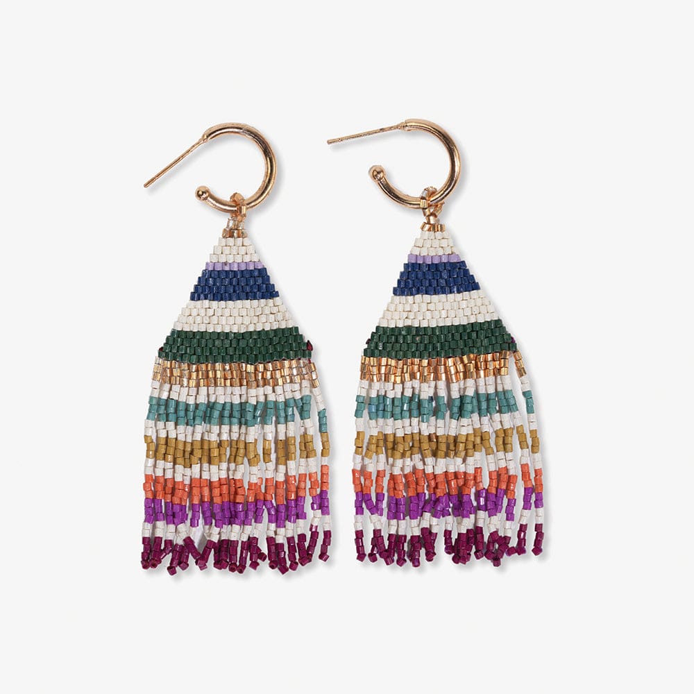 James Mini Gold Hoop Horizontal Stripes Beaded Fringe Earrings Muted SHORT FRINGE