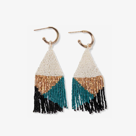 James Mini Gold Hoop Mixed Angles Beaded Fringe Earrings Teal Fringe Earrings