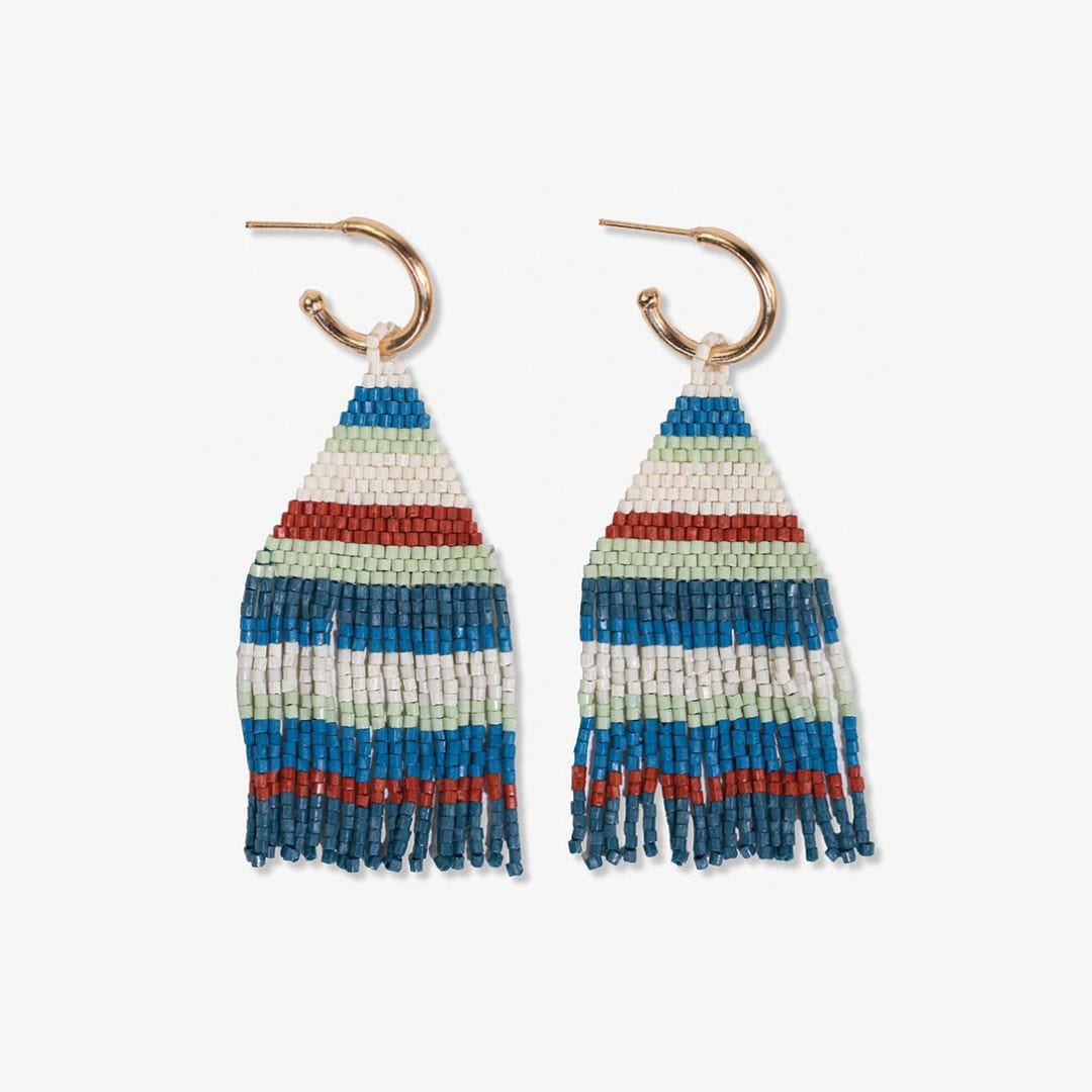 James Mini Gold Hoop Mixed Horizontal Stripes Beaded Fringe Earrings Teal Fringe Earrings