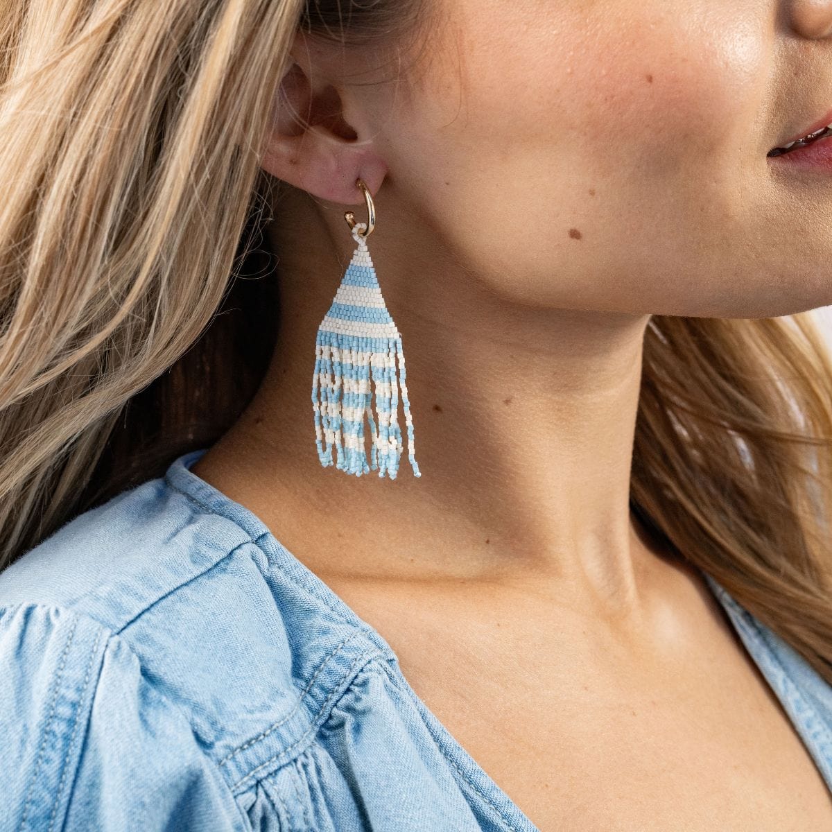Load image into Gallery viewer, James Mini Gold Hoop Two Tone Stripes Beaded Fringe Earrings Light Blue
