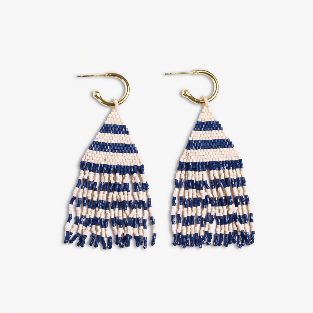 James Mini Gold Hoop Two Tone Stripes Beaded Fringe Earrings Navy
