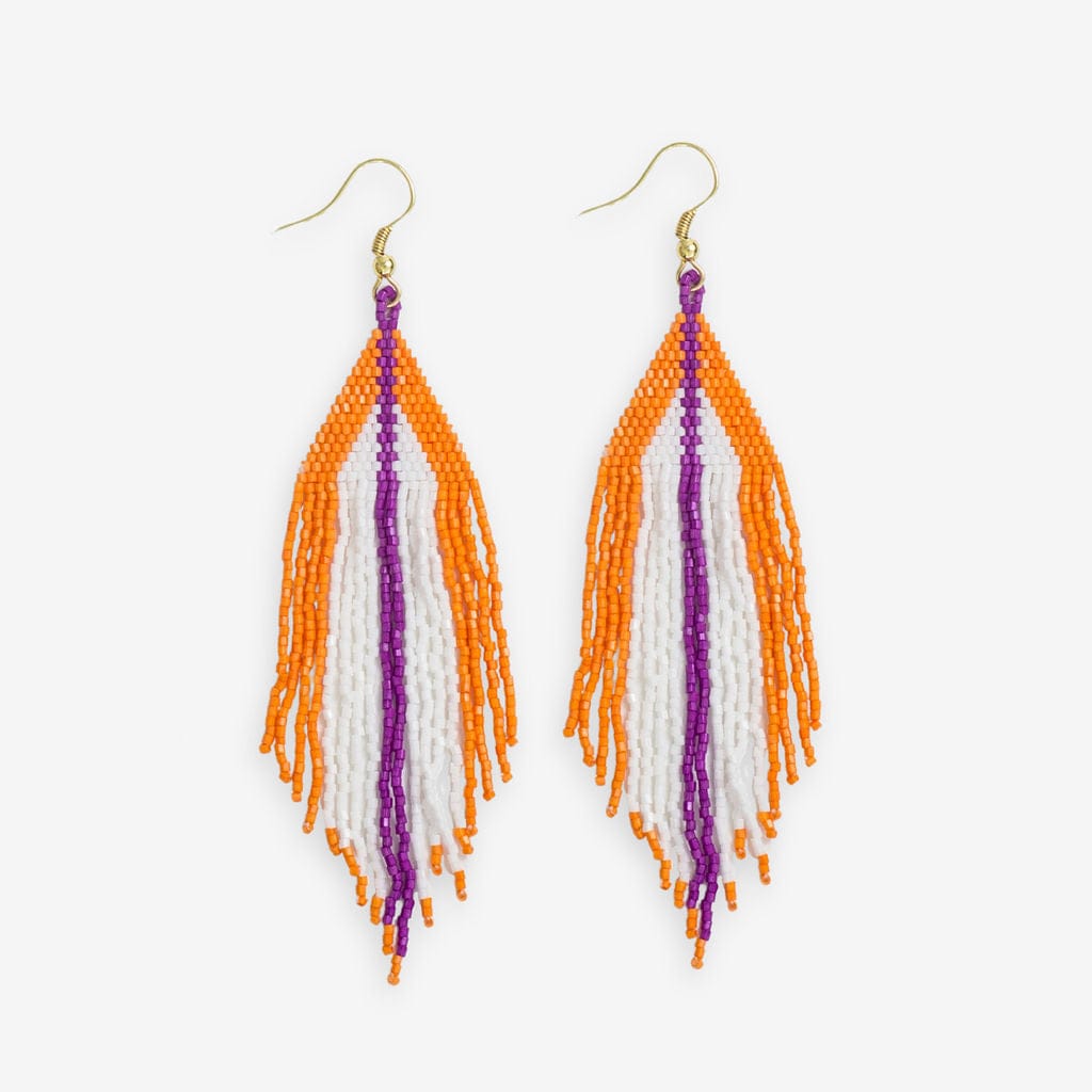 Jane Game Day Triangle with Stripe Beaded Fringe Earrings Orange and Purple