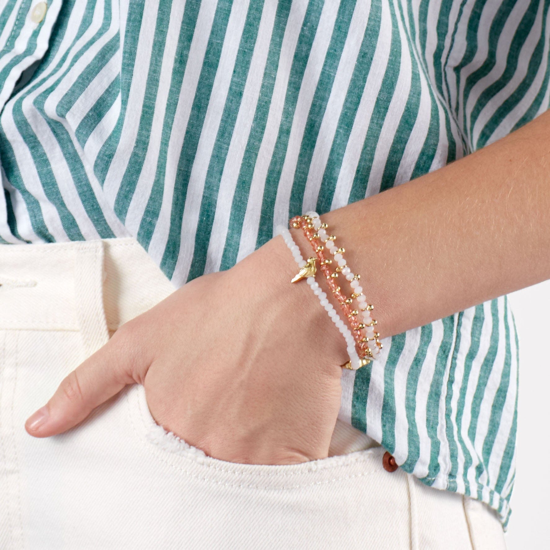 Janie Crystal Stretch Bracelet With Brass Bird Charms White Stretch