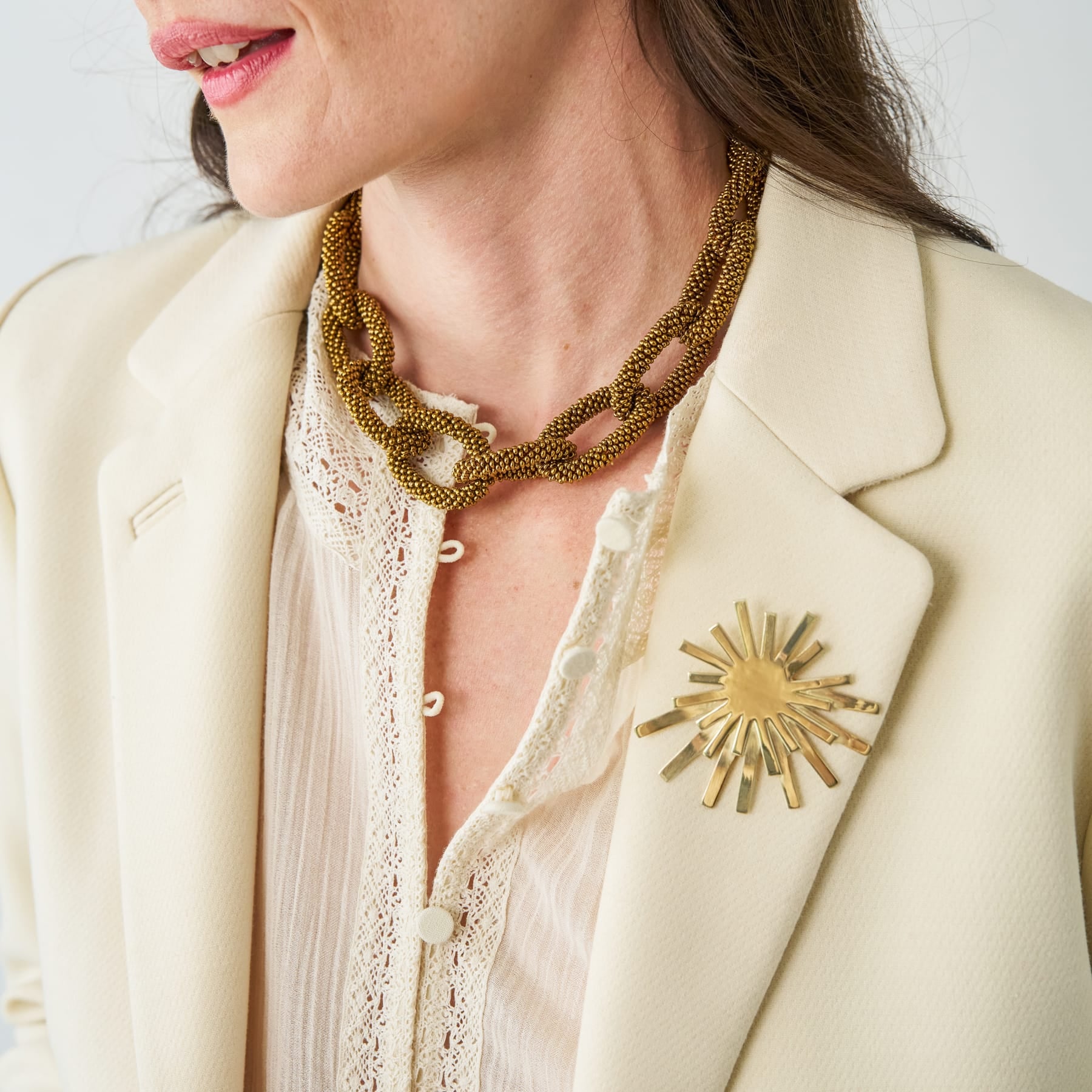 Jenna Chain Link Beaded Necklace Gold Single Strand