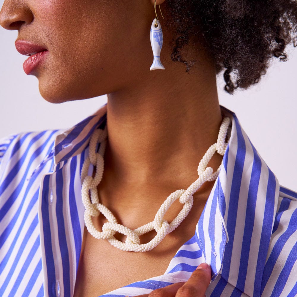 Jenna Chain Link Beaded Necklace Ivory Single Strand