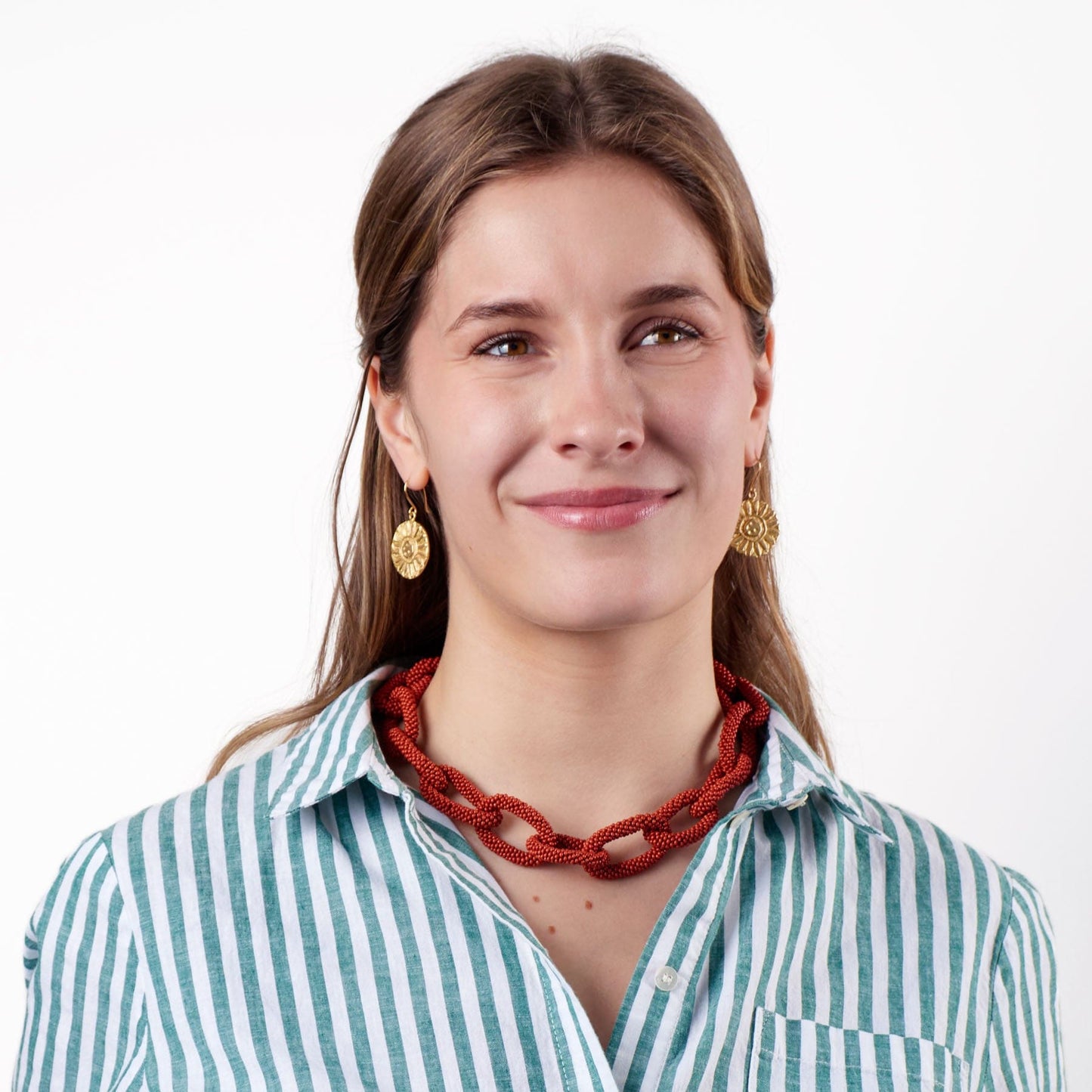 Jenna Chain Link Beaded Necklace Rust Single Strand