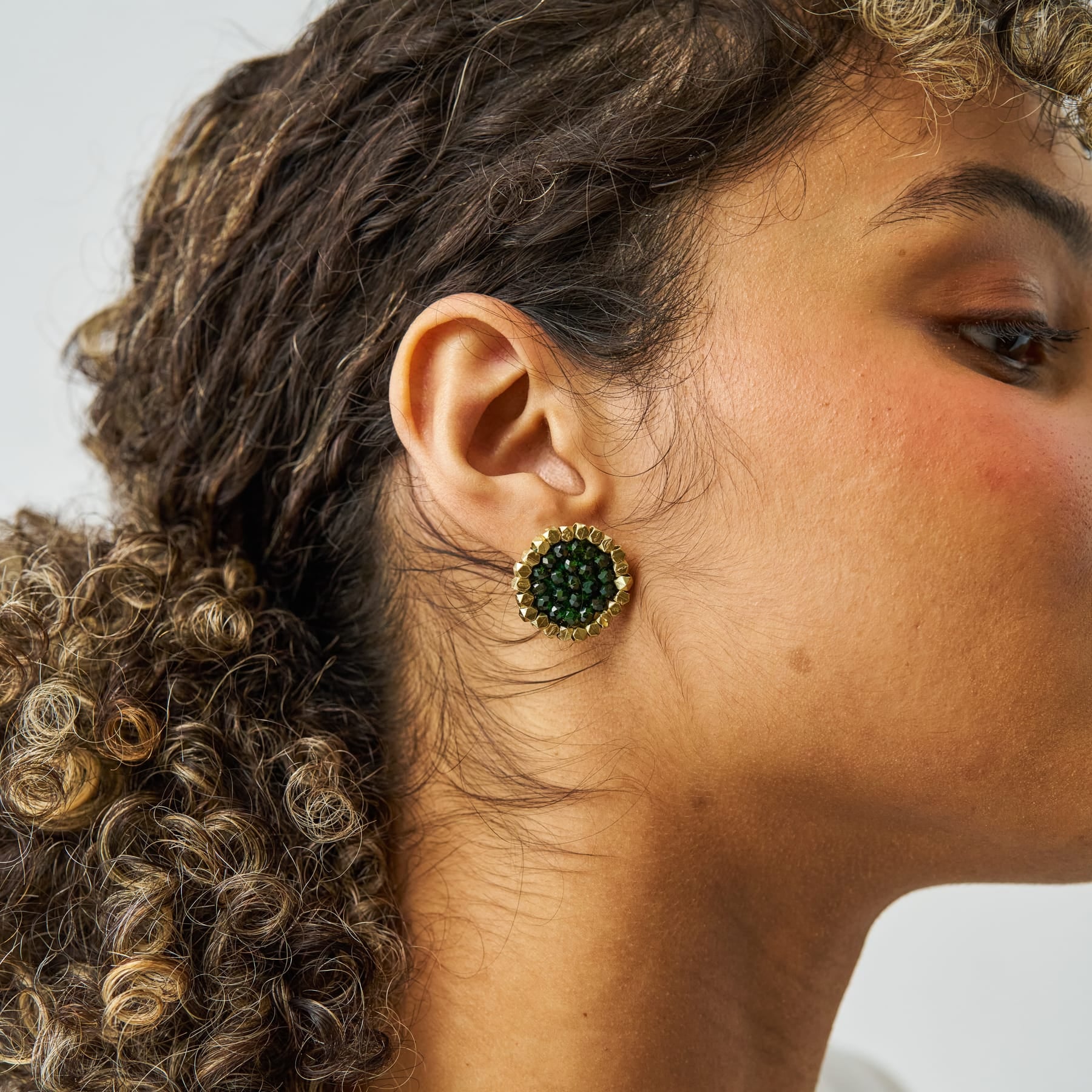 Johannah Crystal + Brass Bead Post Earrings Emerald Earrings