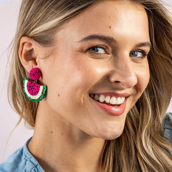 Josephine Watermelon Raffia Drop Earrings Hot Pink