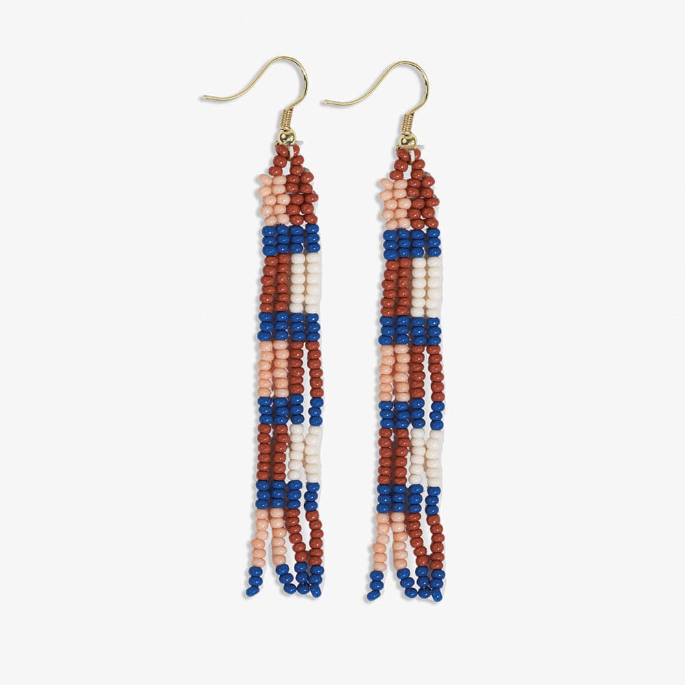 June Checks And Stripes Petite Beaded Fringe Earrings Rust + Lapis SHORT FRINGE